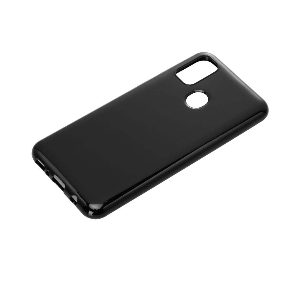 Custodia nera per telefono con ritaglio fotocamera e foro sensore impronte.