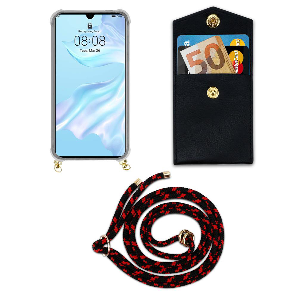 Smartphone con custodia nera, portafoglio con carte e denaro, cordino.