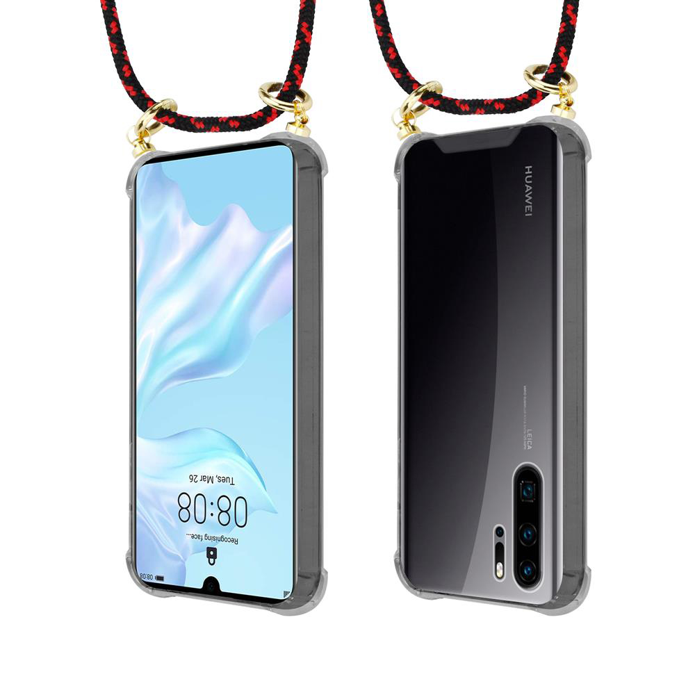 Uno smartphone con cinturino nero e rosso, viste frontale e posteriore.