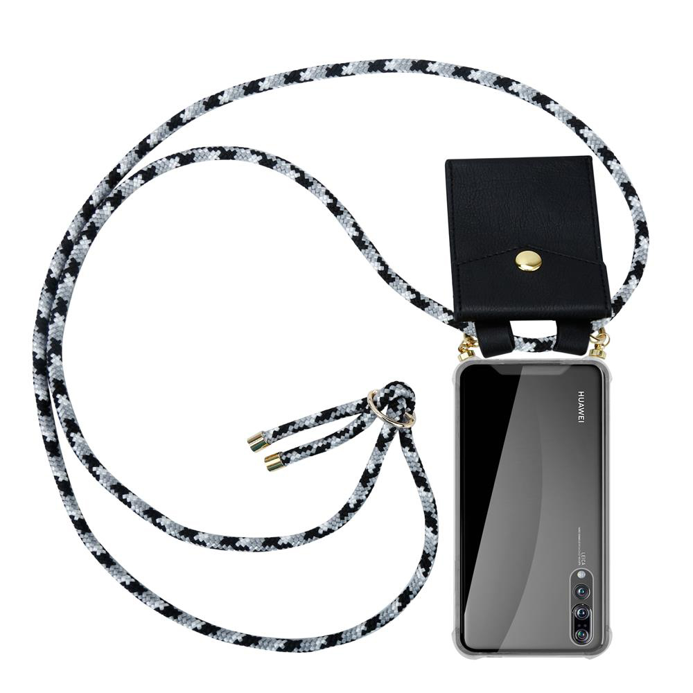 Telefono nero con cordino e custodia. Logo Huawei visibile.