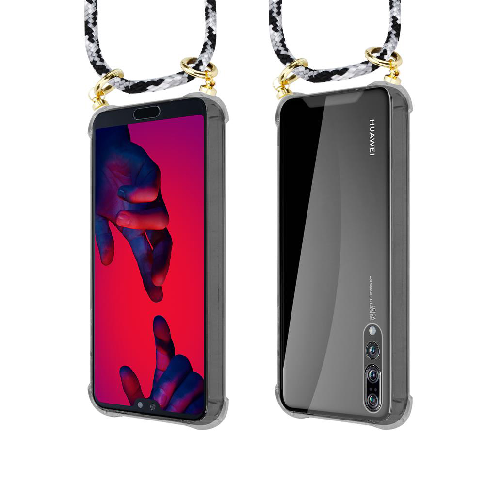 Due smartphone Huawei con laccetto, vista frontale e posteriore.