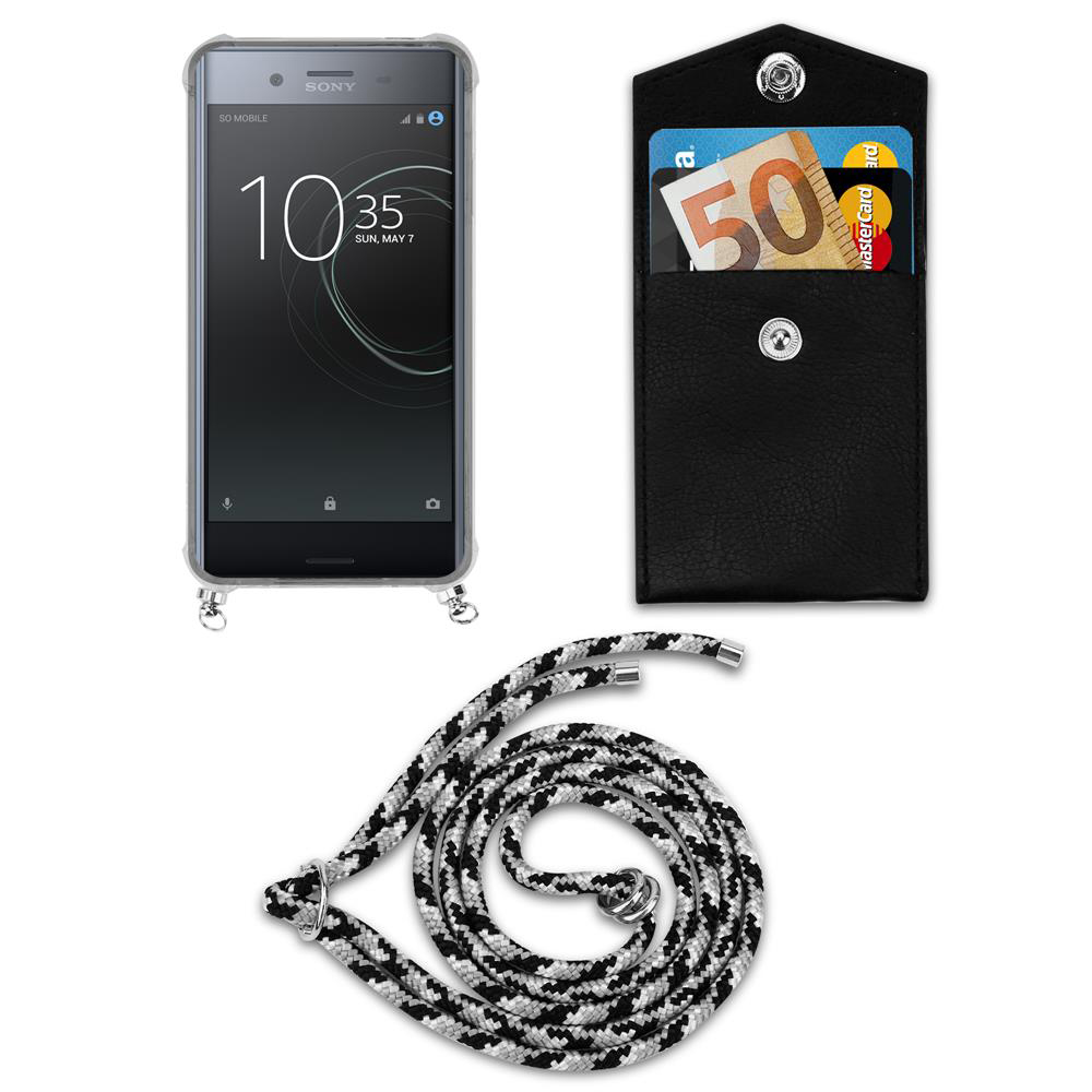 Smartphone Sony in custodia trasparente, banconota da 50€, carta, laccetto.