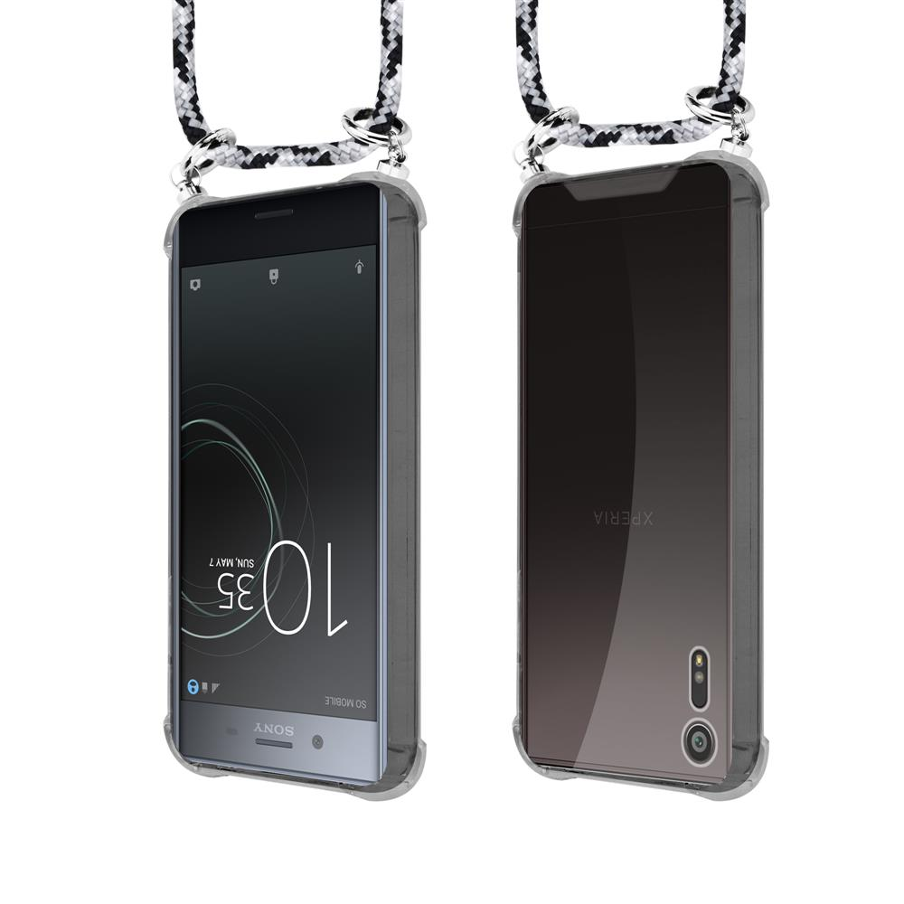 Due telefoni Sony Xperia con cordini, visti fronte e retro.