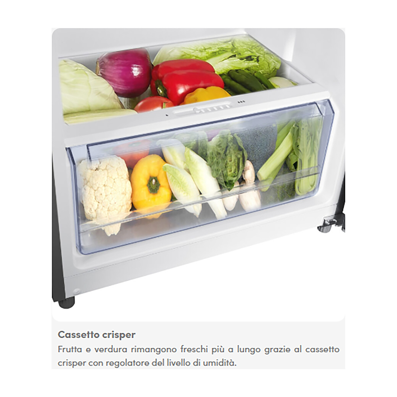 Un cassetto per frutta e verdura del frigorifero con varie verdure come cavolfiore, peperoni e lattuga.
