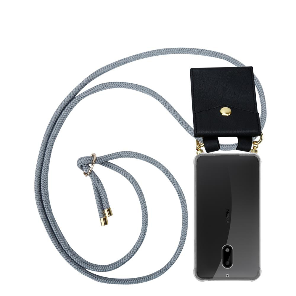 Graues Lanyard mit schwarzer Tasche und transparentem Handyhalter.