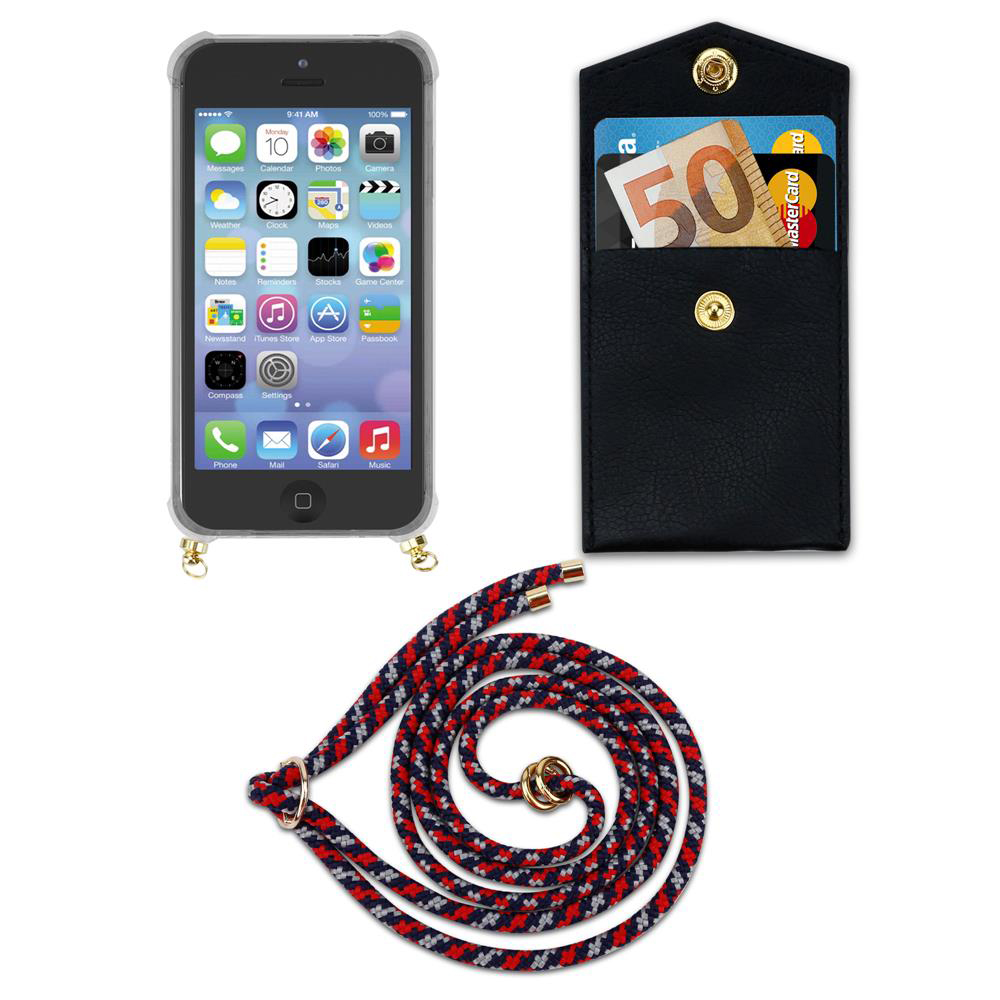Un iPhone, un portafoglio nero con soldi e carte e un cordino su sfondo bianco.