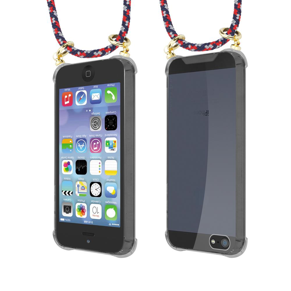 Due iPhone in custodie trasparenti con laccetti. Uno mostra la schermata home con icone.