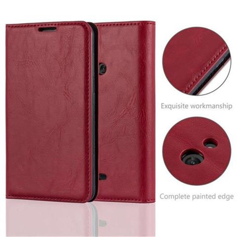 Custodia rossa per telefono a libro con due aperture per fotocamera posteriore.