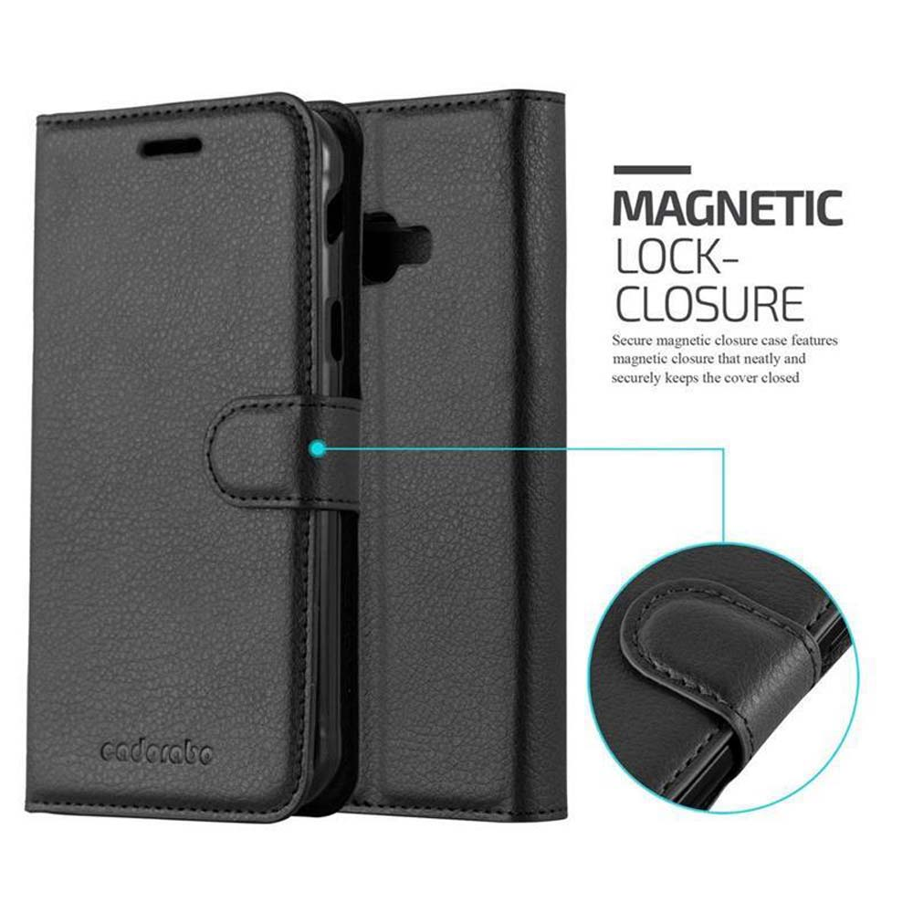Custodia nera per telefono con chiusura magnetica e logo in rilievo.