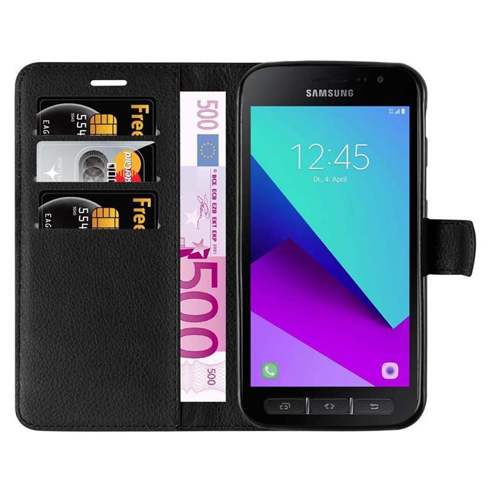 Custodia a libro nera per telefono con porta carte e banconote.
