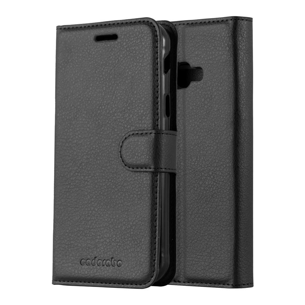 Custodia a libro in pelle nera con logo del marchio sul davanti.
