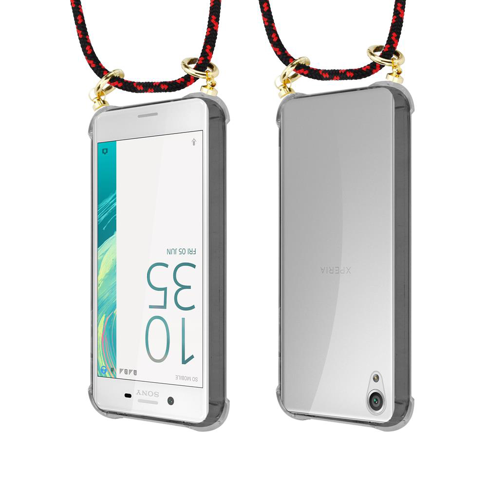 Vorder- und Rückseite eines weißen Smartphones mit rotem Lanyard.
