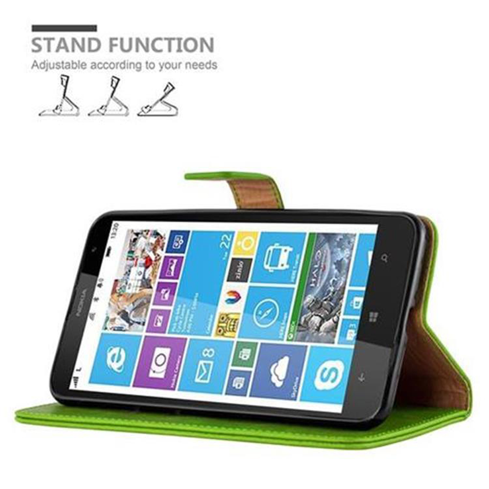 Uno smartphone in una custodia a flip verde che funge da supporto.