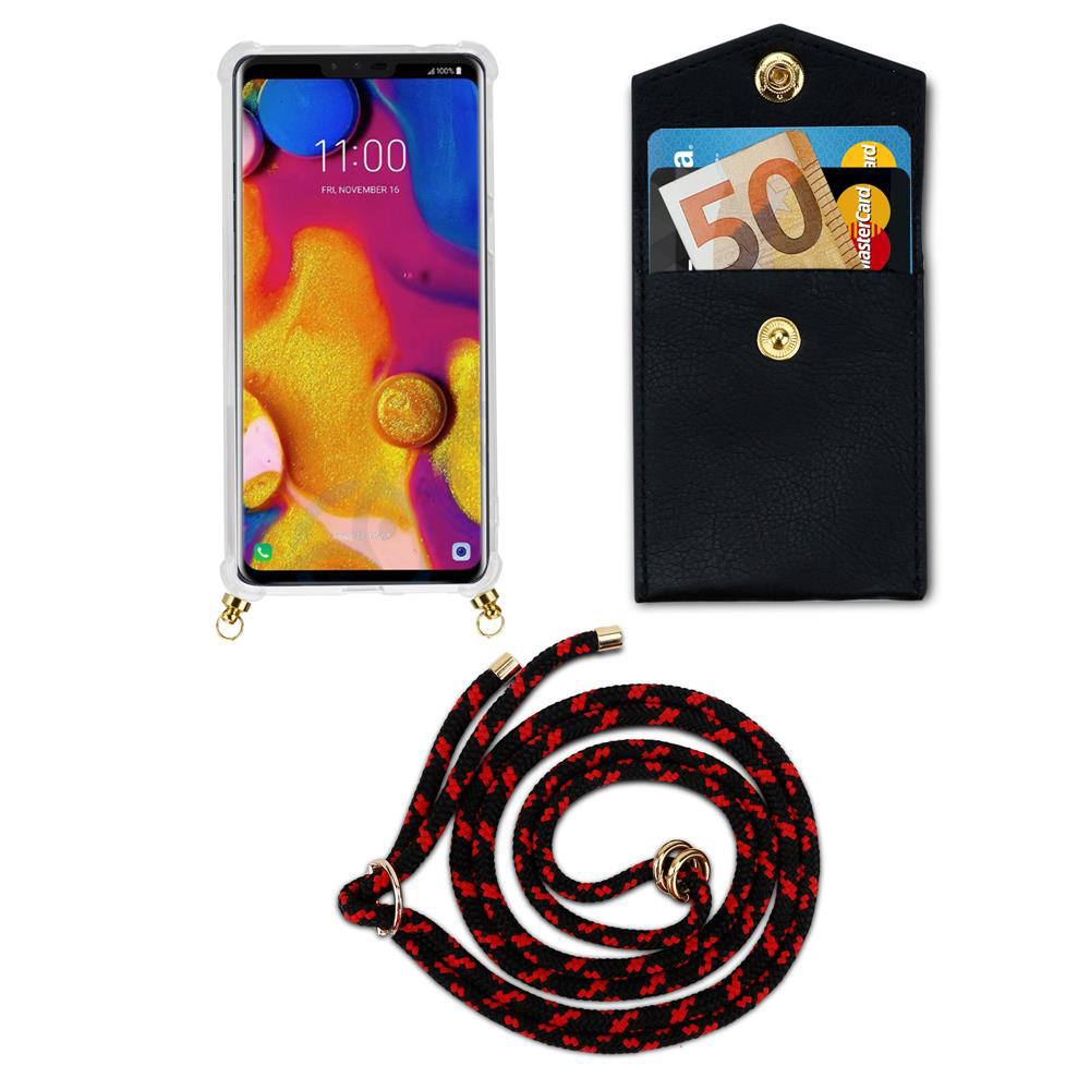 Smartphone mit Hülle, schwarzes Kartenetui mit Geldscheinen/Karten und Umhängeband.