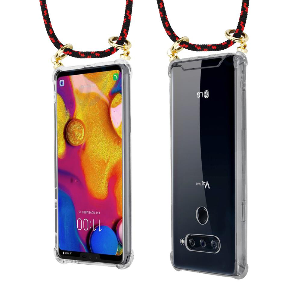 Ein klarer Handy-Schutz mit Lanyard, Vorder- und Rückansicht.