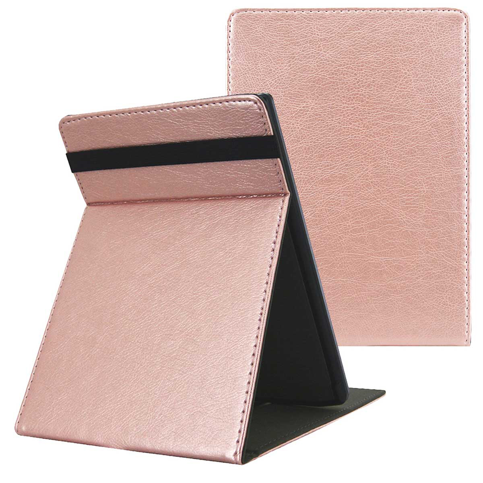 Un étui pour tablette or rose avec un élastique noir pour le fermer.