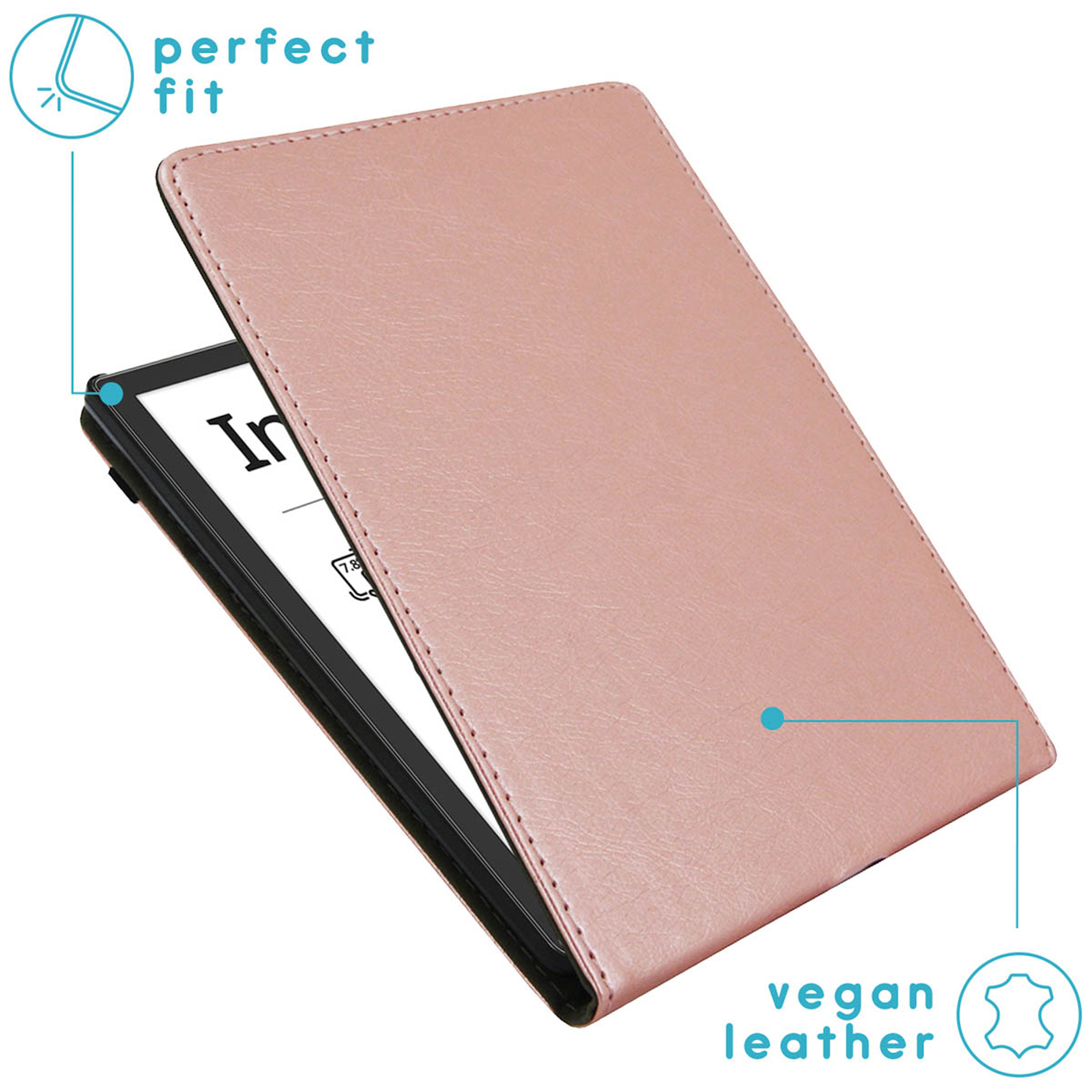 Un étui rose en cuir vegan pour liseuse, montrant un ajustement parfait.