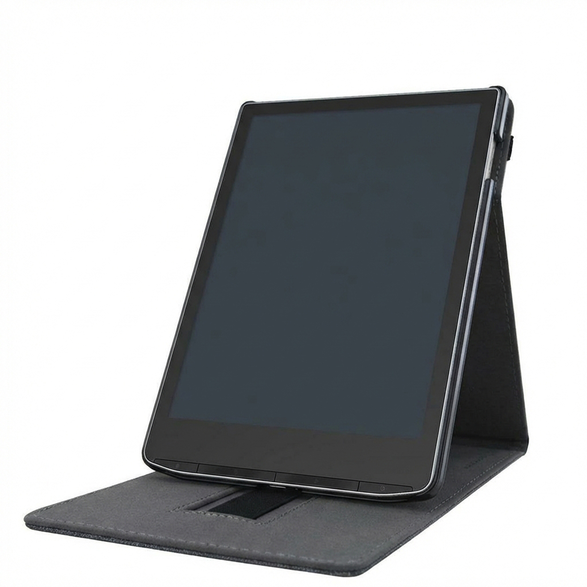 Une tablette noire avec un support gris, sur fond blanc.