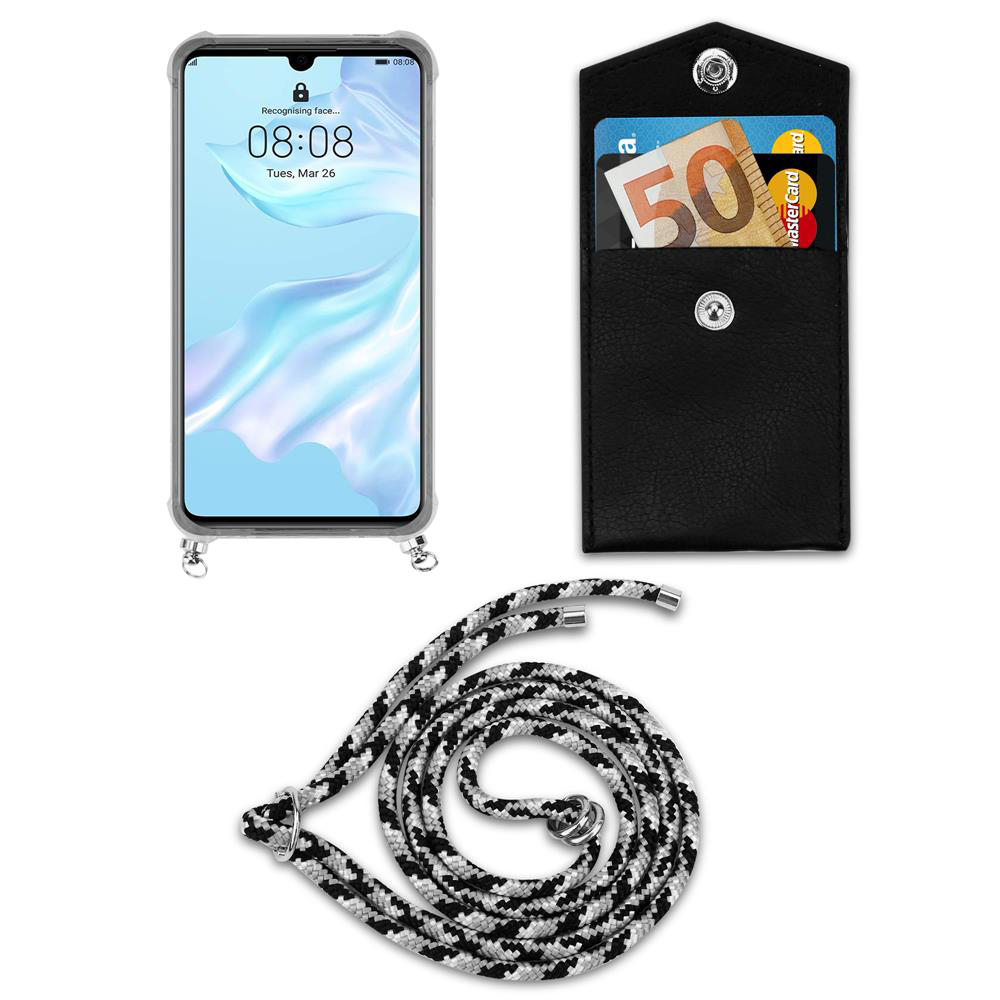 Uno smartphone, una custodia nera con soldi e carta, e un cordino.