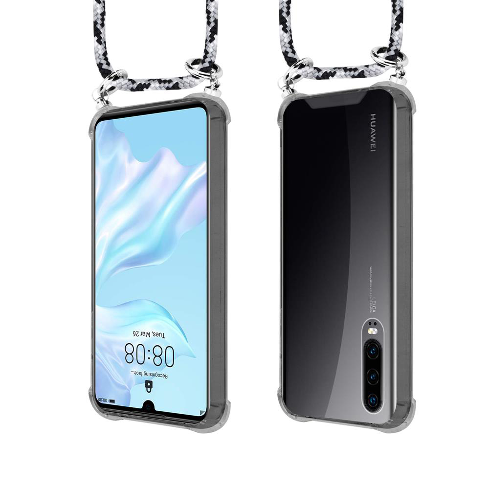 Uno smartphone in custodia trasparente con laccetto, viste fronte e retro.