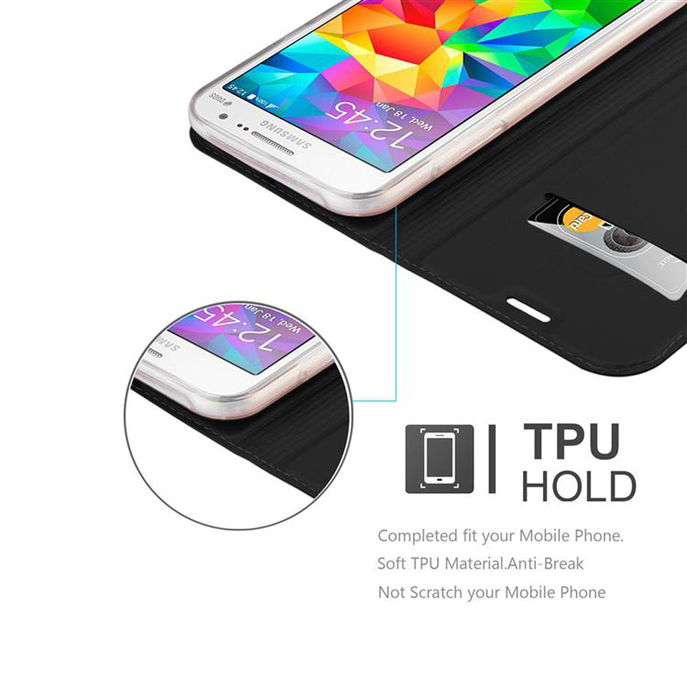 Un smartphone con pantalla colorida en una funda negra. Se ve una tarjeta.