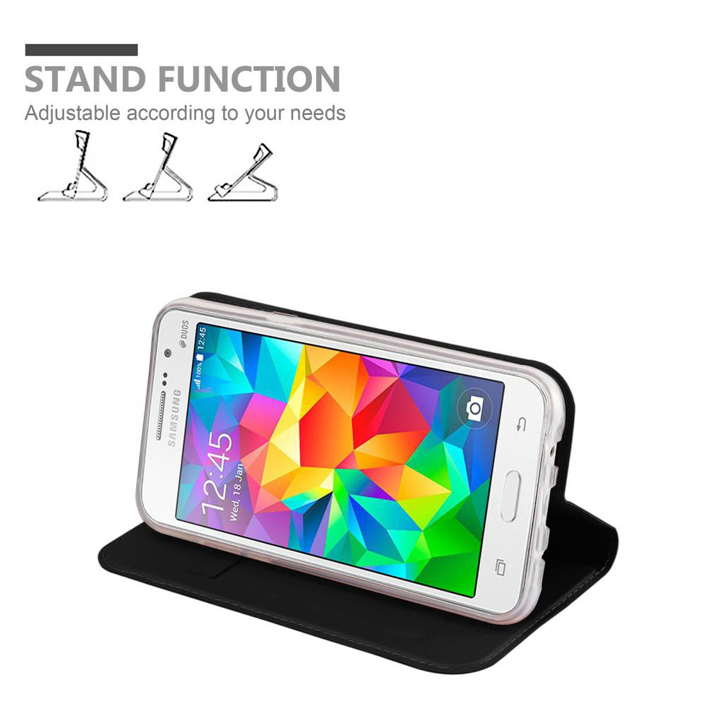 Un smartphone Samsung blanco en una funda negra con fondo de pantalla colorido. Función soporte.