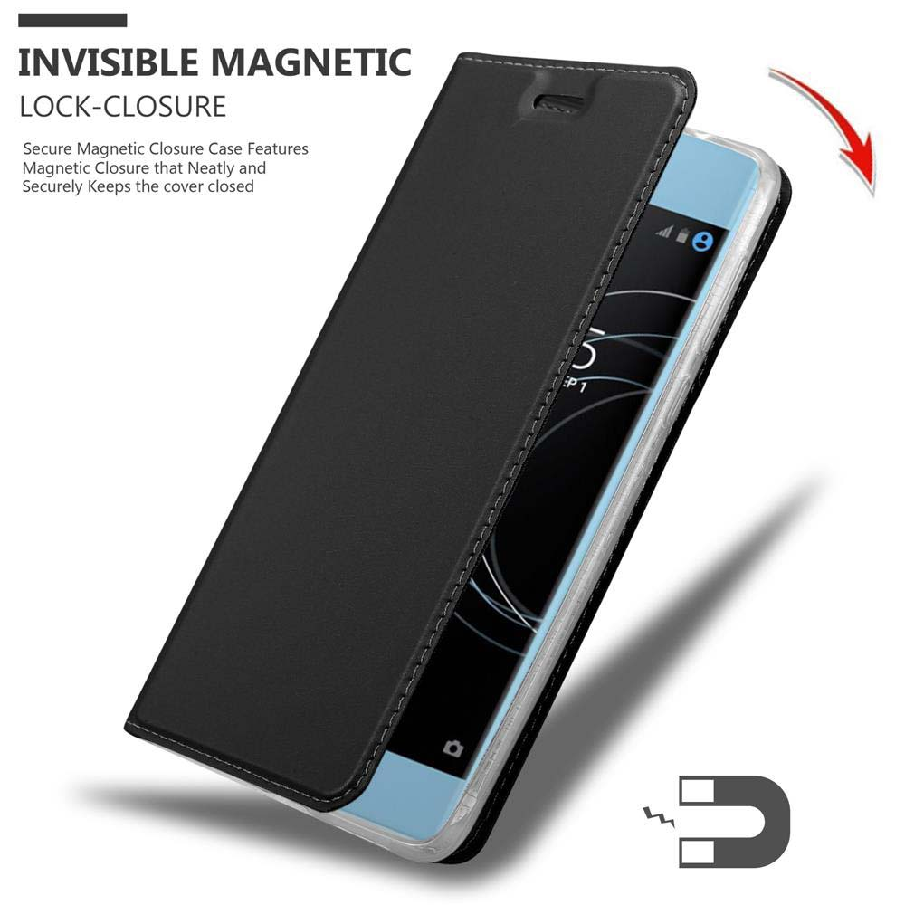 Custodia nera per telefono con chiusura magnetica, che rivela parzialmente lo schermo.