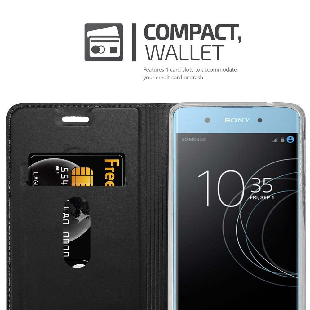 Un porta carte nero mostra una carta di credito e un telefono Sony con l'ora 10:35.