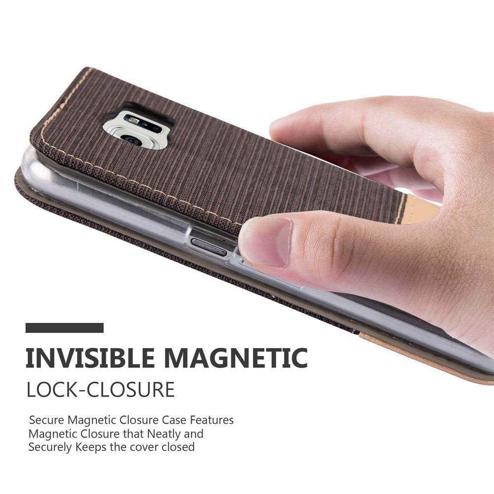 Custodia per telefono in tessuto marrone con chiusura magnetica tenuta.