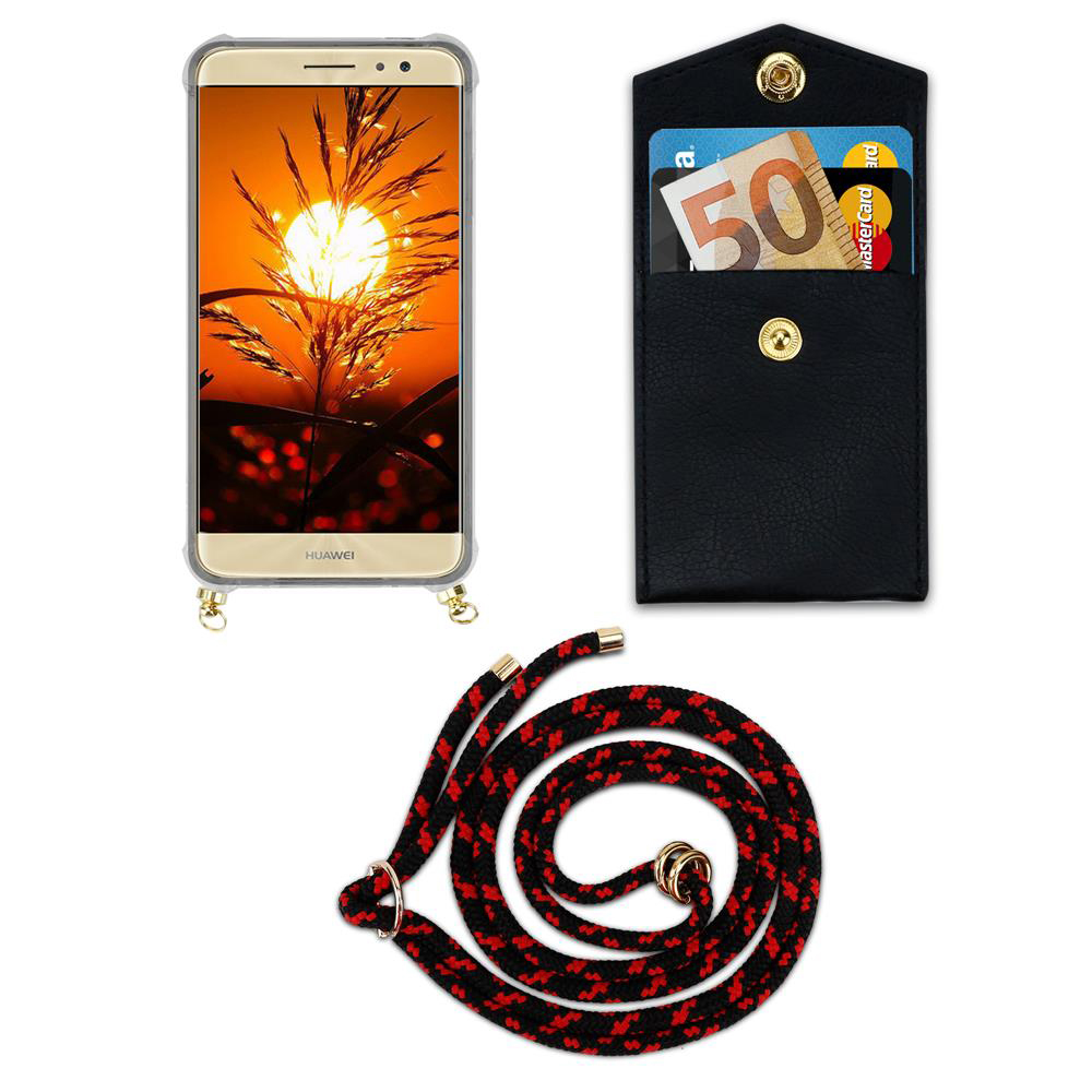 Smartphone con custodia, portafoglio con soldi e carte, cordino su sfondo bianco.