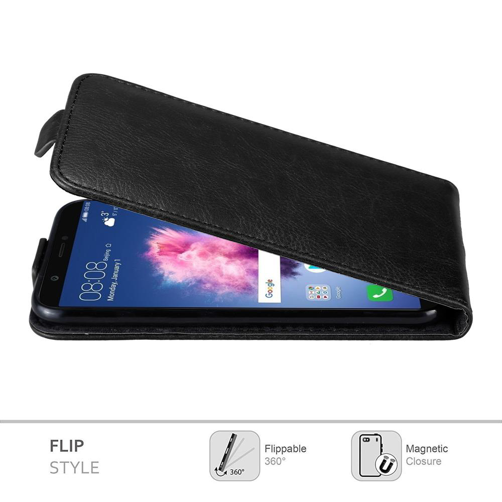 Smartphone nero con custodia a libro aperta, che mostra lo schermo.