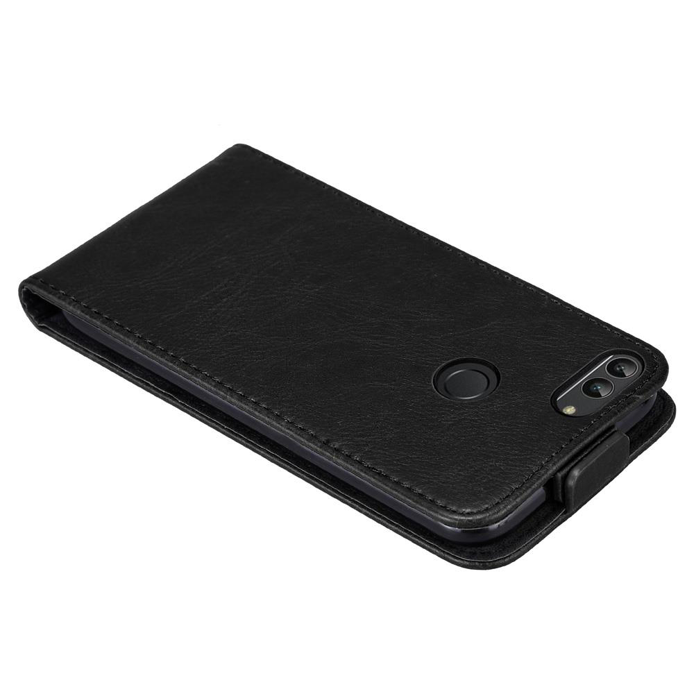 Custodia a libro in pelle nera per smartphone, con apertura fotocamera posteriore.