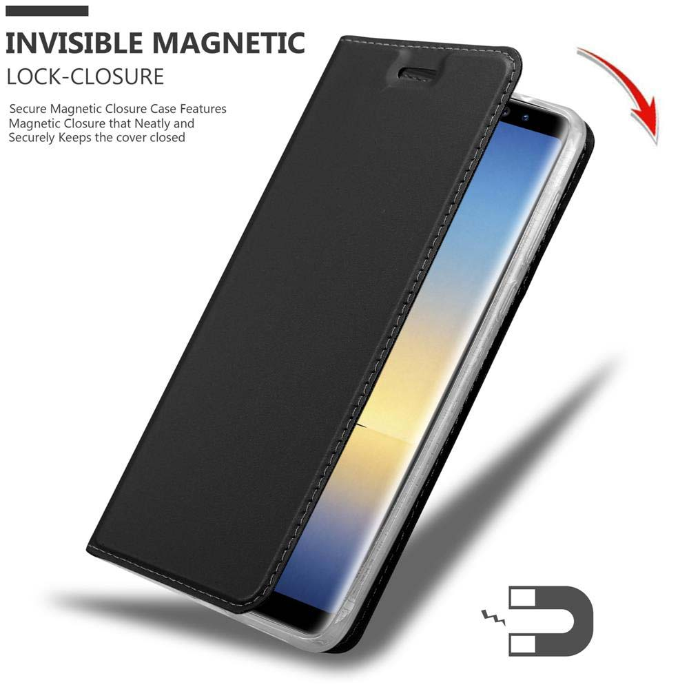 Schwarze Handyhülle mit magnetischem Verschluss, die ein Smartphone schützt.