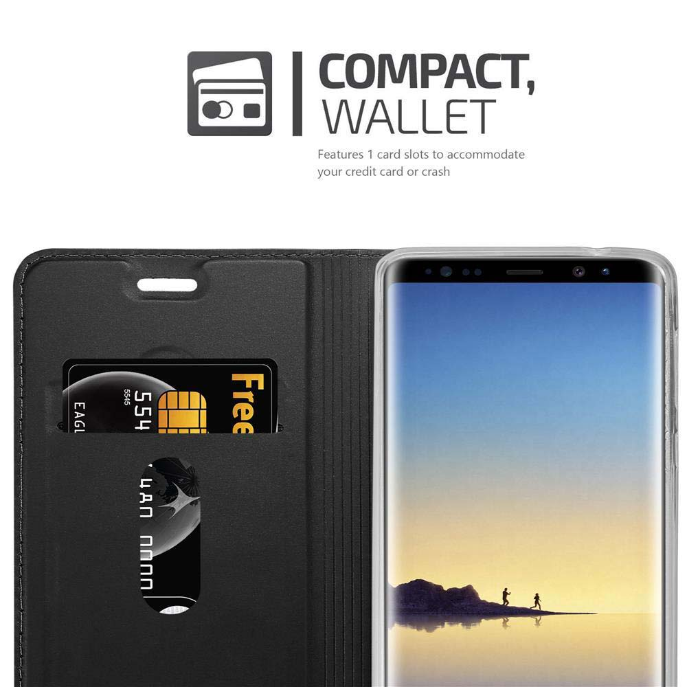 Schwarze Brieftaschenhülle mit Telefon und Karten. Text: 'COMPACT, WALLET'.