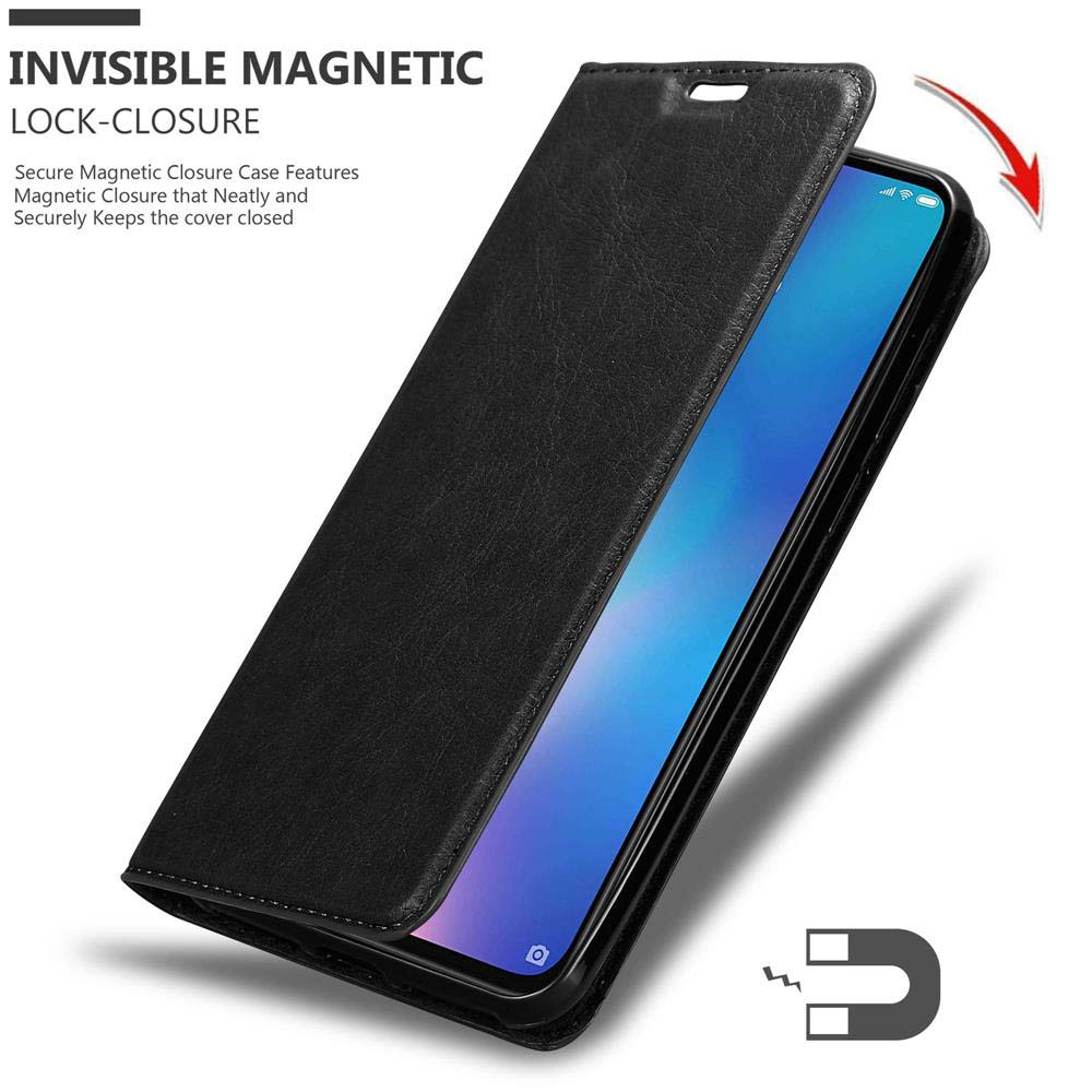 Custodia per telefono nera con chiusura magnetica, mostrata mentre si chiude.