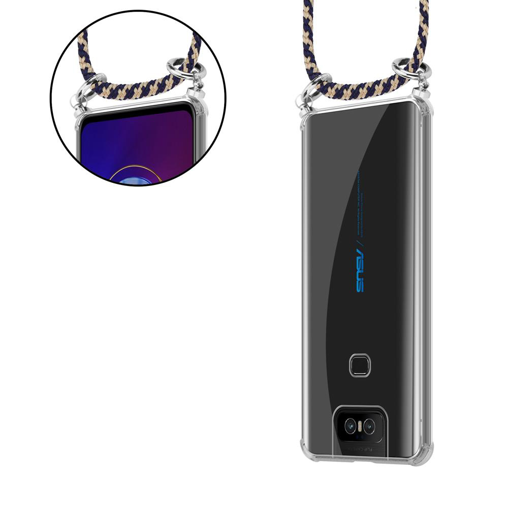 Ein transparentes Handyhülle mit Lanyard. Das Handy hat eine Flip-Kamera.