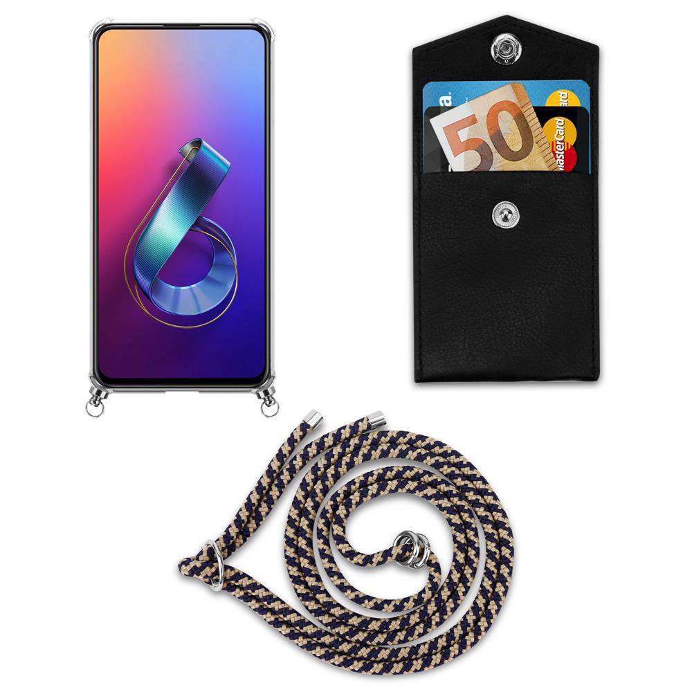 Ein Handy, schwarzes Portemonnaie mit 50-Euro-Schein und ein Seil-Lanyard auf Weiß.