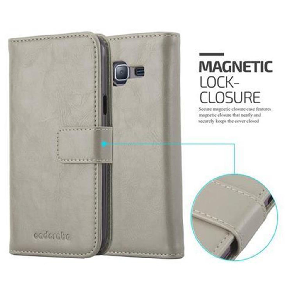 Custodia grigia per telefono con chiusura magnetica, ritaglio fotocamera e logo.