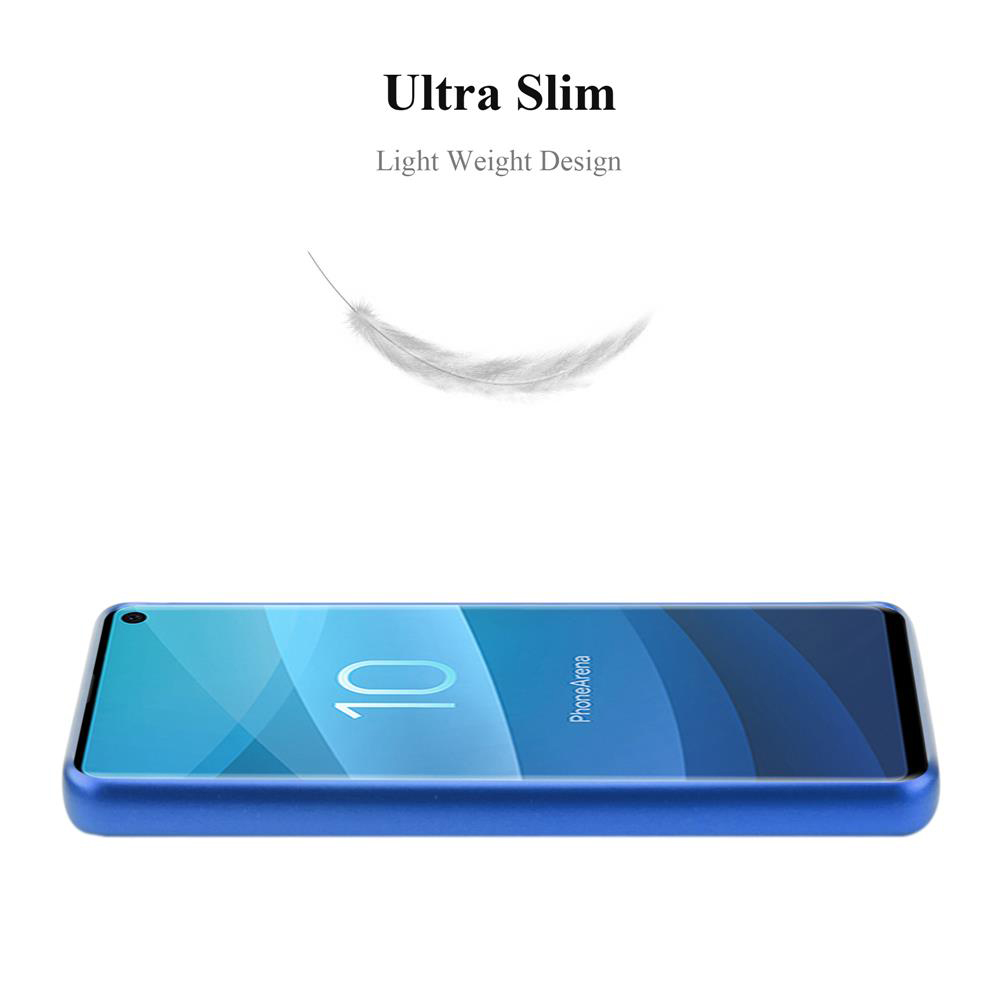 Uno smartphone blu sottile con "10" sullo schermo. Grafica a piuma.