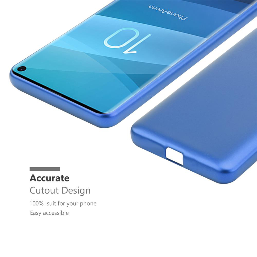 Custodia blu per telefono con ritagli per fotocamera e porte.