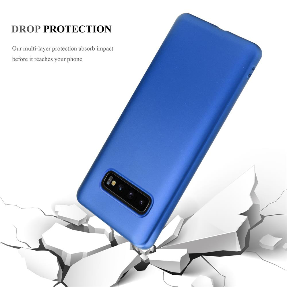 Una custodia blu per telefono cade su una superficie bianca incrinata.