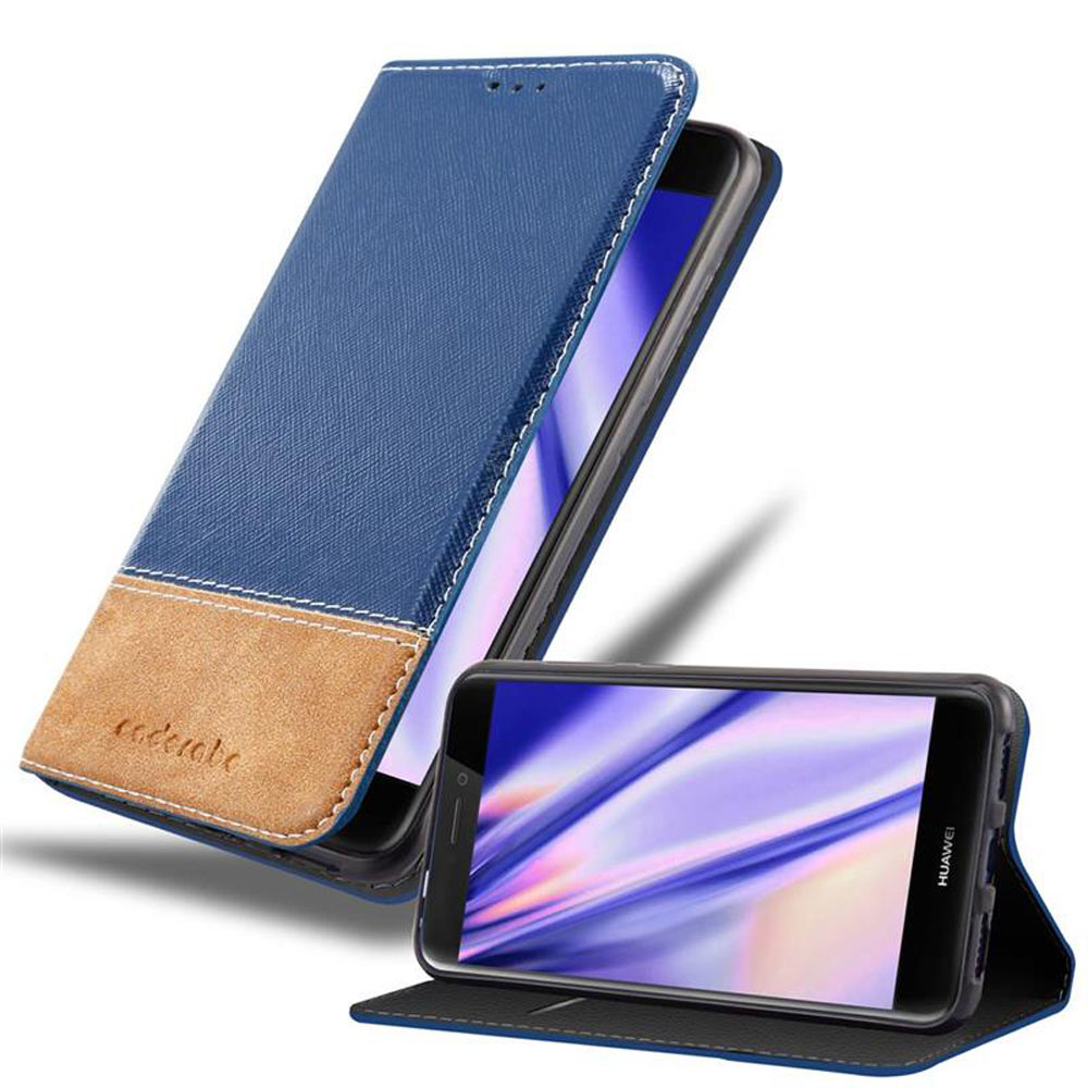 Funda de teléfono azul con parche de gamuza marrón y un smartphone.
