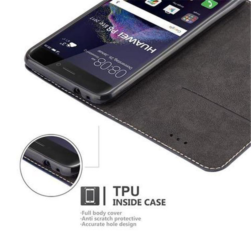 Funda negra para teléfono con Huawei P8 Lite 2017 y descripción.