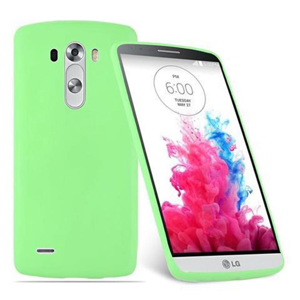 Ein hellgrünes LG-Smartphone mit einer Kamera auf der Rückseite und einem bunten Hintergrundbild.