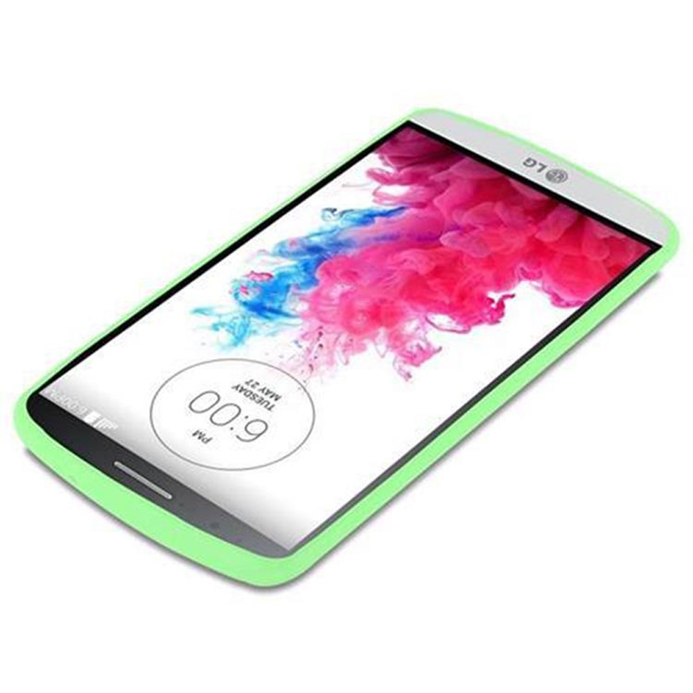 Ein hellgrünes Smartphone mit einem bunten Hintergrundbild und einer Uhrzeit von 6:00 Uhr.