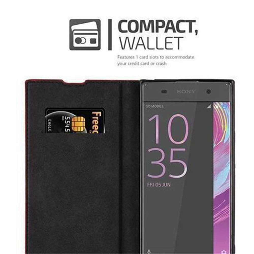 Un porta carte nero con carta di credito e smartphone. Il telefono Sony mostra le 10:35.