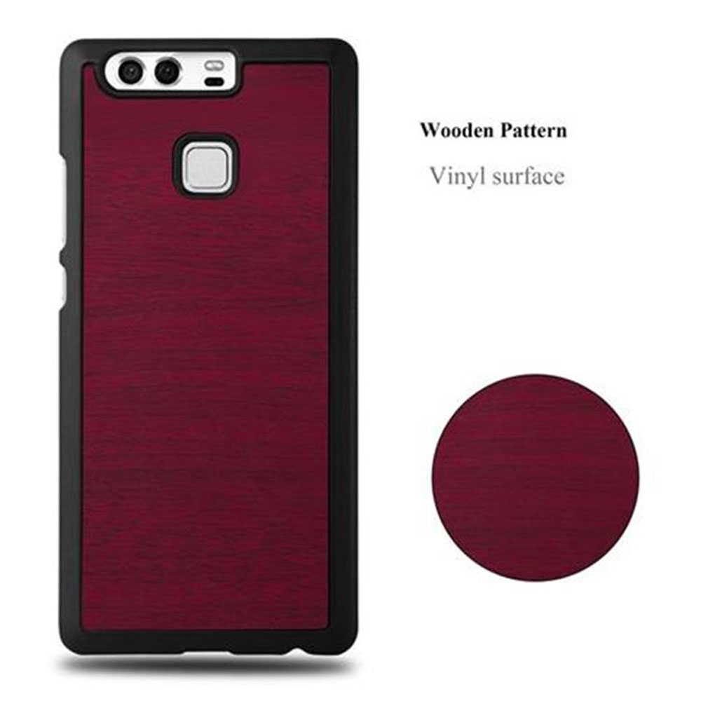 Funda de teléfono roja oscura con veta de madera y marco negro. Un círculo al lado.