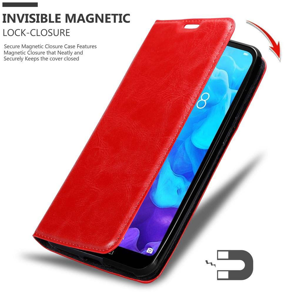 Custodia rossa per telefono con chiusura magnetica che si apre rivelando uno schermo.