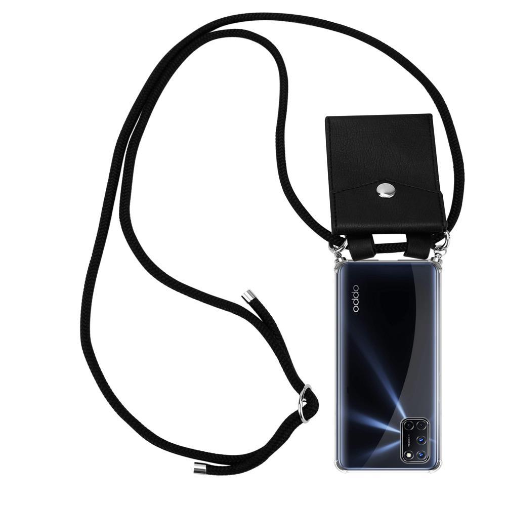 Schwarzes Handyhülle mit Trageband und einer Tasche für das Handy.