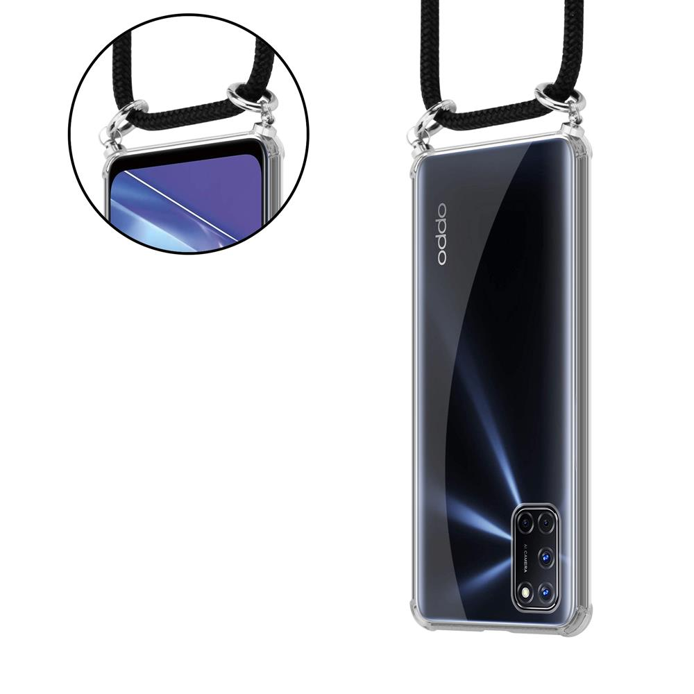Transparentes Handyhülle mit Lanyard, zeigt Rückseite mit Kamera und Logo.